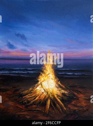 Original  oil painting of inviting campfire on the beach.Sunset over ocean  on canvas.Modern Impressionism, modernism,marinism Stock Photo