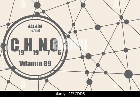 Chemical formula of vitamin B9 or folic acid. Connected lines with dots background. Stock Vector