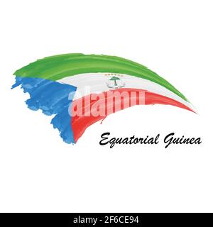 Watercolor painting flag of Equatorial Guinea. Hand drawing brush stroke illustration Stock Vector
