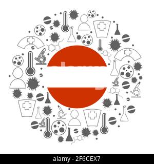 Circle frame with medicine icons and tags. Coronavirus virus danger relative illustration. Flag of the Austria Stock Vector