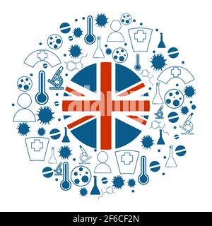 Circle frame with medicine icons and tags. Coronavirus virus danger relative illustration. Flag of the United Kingdom Stock Vector