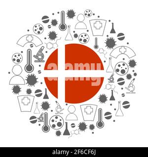 Circle frame with medicine icons and tags. Coronavirus virus danger relative illustration. Flag of the Denmark Stock Vector