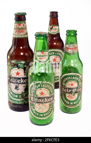 Old beer bottles with corroded label Stock Photo