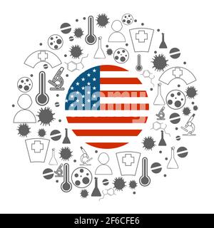 Circle frame with medicine icons and tags. Coronavirus virus danger relative illustration. Flag of the USA Stock Vector
