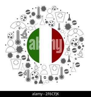 Circle frame with medicine icons and tags. Coronavirus virus danger relative illustration. Flag of the Italy Stock Vector