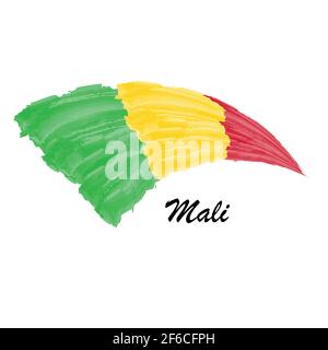 Watercolor painting flag of Mali. Hand drawing brush stroke illustration Stock Vector