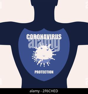 Immune protection system relative image. Abstract viruses attack on shied with coronavirus protection text. Vaccination theme. Virus model flying in s Stock Vector