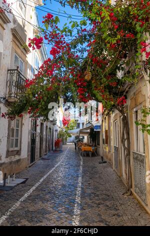 Restaurant and bougainvillea flower in narrow street in Tavira, Eastern Algarve, Portugal Stock Photo
