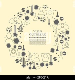 Circle frame with medicine icons and tags. Coronavirus virus danger relative illustration. Stock Vector