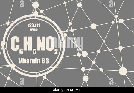 Chemical formula of niacin. Nicotinic acid or vitamin b3. Connected lines with dots background. Stock Vector