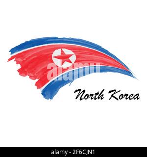 Watercolor painting flag of North Korea. Hand drawing brush stroke illustration Stock Vector