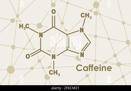 Chemical molecular formula of caffeine. Connected lines with dots background. Stock Vector