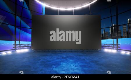 Event studio backdrop with a big videowall . Ideal for tv shows, presentations or events. A 3D rendering, suitable on VR tracking system sets Stock Photo
