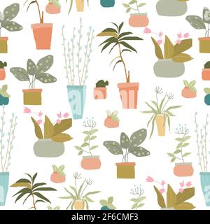Seamless pattern with exotic house plants on white background Stock Vector