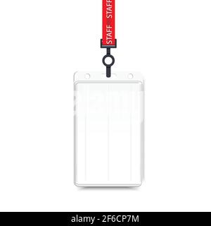 Vector illustration of employees identification card on lanyard, cord and strap. Realistic plastic badge sampls for presentation or conference visitor Stock Vector