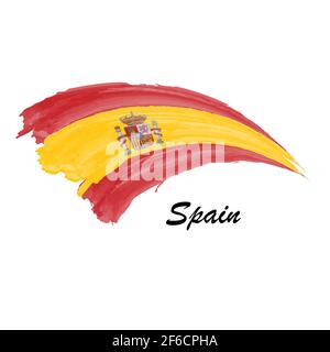 Watercolor painting flag of Spain. Hand drawing brush stroke illustration Stock Vector
