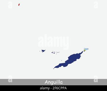 Anguilla Map Flag. Map of Anguilla flag of Anguilla isolated on white background. British overseas territory in Caribbean, United Kingdom Islands. Vec Stock Vector