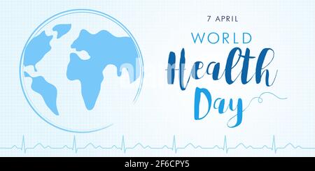 World Health Day cardio poster light with earth and text. Medical Health Day poster design with planet earth, cardiogram and lettering for celebration Stock Vector