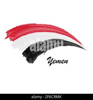Watercolor painting flag of Yemen. Hand drawing brush stroke illustration Stock Vector