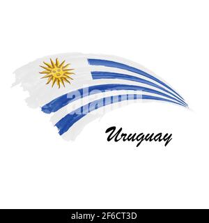Watercolor painting flag of Uruguay. Hand drawing brush stroke illustration Stock Vector