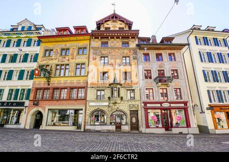 Historic pharmacy Müllersche Apotheke buildings by Wine Market in Lucerne dating from 1530, Lucerne, Canton Lucerne, Switzerland. Stock Photo