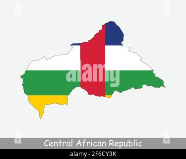 Central African Republic Map Flag. Map of Central African Republic with national flag isolated on white background. Vector Illustration. Stock Vector