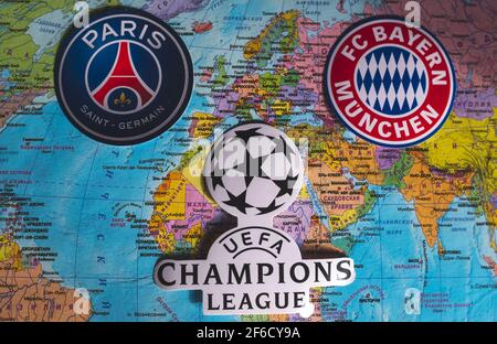 March 21, 2021, Istanbul, Turkey. The emblems of the participants in the quarter-finals of the UEFA Champions League 2020/2021 season Paris Saint-Germ Stock Photo