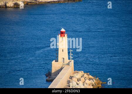 Aerial view of the lighthouse in Port Lympia, Nice, South of France.