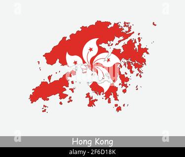 Hong Kong Map Flag. Map of Hong Kong with the Hong Kongese national flag isolated on white background. Vector Illustration. Stock Vector