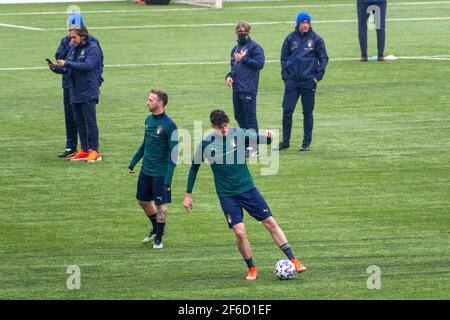 Italian and Inter Defender Alessandro Bastoni during the training before Lithuania - Italy before Qatar 2022 World Cup qualifying match Stock Photo