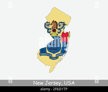 New Jersey Map Flag. Map of NJ, USA with the state flag isolated on white background. United States, America, American, United States of America, US S Stock Vector