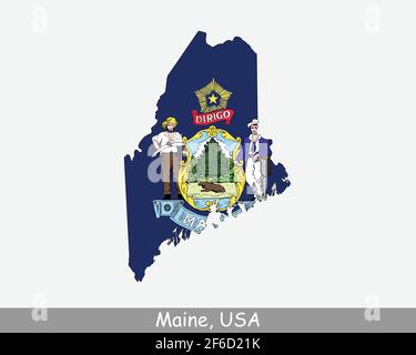 Maine Map Flag. Map of ME, USA with the state flag isolated on white background. United States, America, American, United States of America, US State. Stock Vector