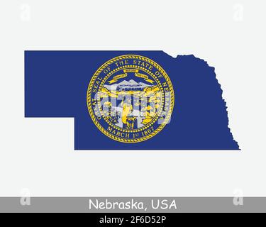 Nebraska Map Flag. Map of NE, USA with the state flag isolated on white background. United States, America, American, United States of America, US Sta Stock Vector