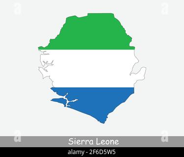 Sierra Leone Flag Map. Map of the Republic of Sierra Leone with the Sierra Leonean national flag isolated on a white background. Vector Illustration. Stock Vector