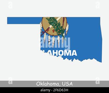 Oklahoma Map Flag. Map of OK, USA with the state flag isolated on white background. United States, America, American, United States of America, US Sta Stock Vector