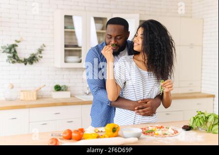 Lovely African American couple standing next to kitchen counter, hugging, spending leisure time weekend together at home, girlfriend looking at boyfriend and giving to smell herbs mint, cooking pizza Stock Photo