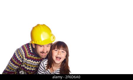 engineer father and daugther happy and smiling with very big empty space to advertising. white background Stock Photo