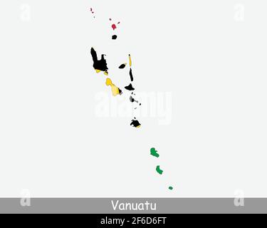 Vanuatu Flag Map. Map of the Republic of Vanuatu with the Vanuatuan national flag isolated on a white background. Vector Illustration. Stock Vector