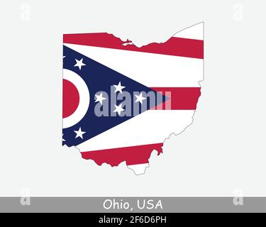 Ohio Map Flag. Map of OH; USA with the state flag isolated on white background. United States; America; American; United States of America; US State. Stock Vector