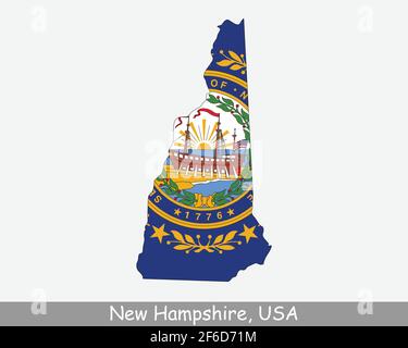 New Hampshire Map Flag. Map of NH, USA with the state flag isolated on white background. United States, America, American, United States of America, U Stock Vector