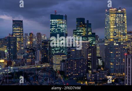 Tokyo, Japan - October 23, 2019: The skyscrapers of ARK Hills as seen from the Tokyo Tower observation deck at night time. Minato city. Tokyo. Japan Stock Photo