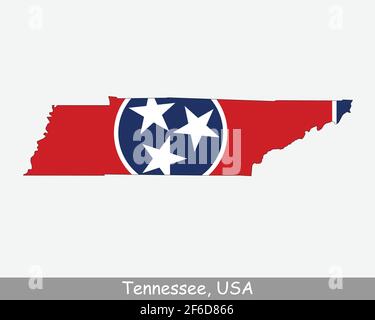 Tennessee Map Flag. Map of TN, USA with the state flag isolated on a white background. United States, America, American, United States of America, US Stock Vector