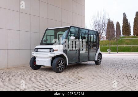 Krasnodar, Russia - March 22 2021: Electric street vehicle with zero emission stands near the wall in the park. Stock Photo