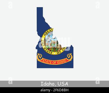 Idaho Map Flag. Map of ID, USA with the state flag isolated on white background. United States, America, American, United States of America, US State. Stock Vector