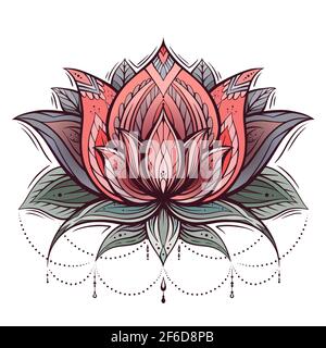 Colored drawing of a lotus with a boho pattern. Water lily with beads and tribal decoration. Natural religious symbol. Vector doodle flower with folia Stock Vector