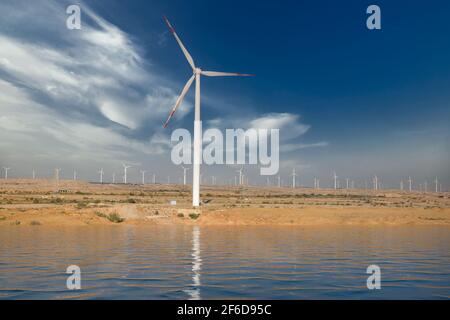 view of wind power plant. Vast turbine wind mills farm at jhimpir Stock Photo