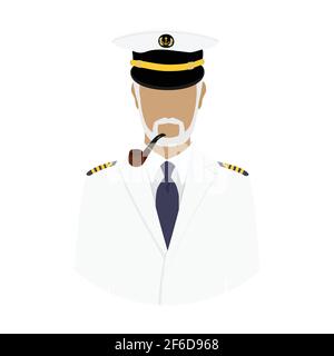 Vector illustration old sea captain with smoking pipe in white uniform. Sailor. Seaman Stock Vector