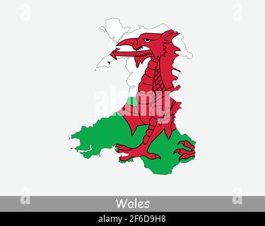 Wales Flag Map. Map of Wales United Kingdom, UK with the Welsh national flag isolated on a white background. Vector Illustration. Stock Vector