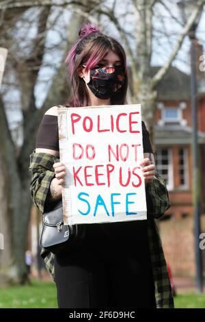 Hereford, Herefordshire, UK – Wednesday 31st March 2021 – Protesters demonstrate on the Cathedral Green against the new Police, Crime, Sentencing and Courts Bill ( PCSC ) which they feel will limit their rights to legal protest. Photo Steven May / Alamy Live News
