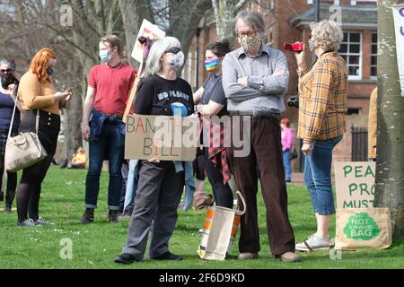 Hereford, Herefordshire, UK – Wednesday 31st March 2021 – Protesters demonstrate on the Cathedral Green against the new Police, Crime, Sentencing and Courts Bill ( PCSC ) which they feel will limit their rights to legal protest. Photo Steven May / Alamy Live News Stock Photo